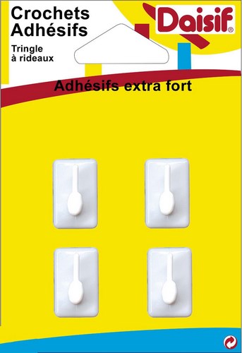 Crochet adhésif rectangulaire blanc pour tringles à rideaux, boite de 4 pièces