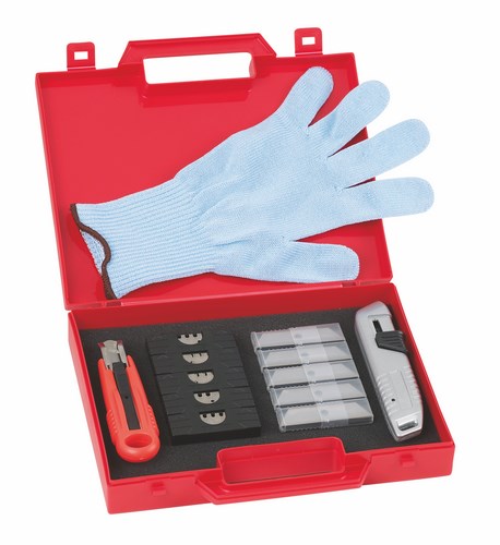 "Coffret ""Coupe en Sécurité"" pour bâtiment, avec cutters de précision, araseurs et lames sécurisées."