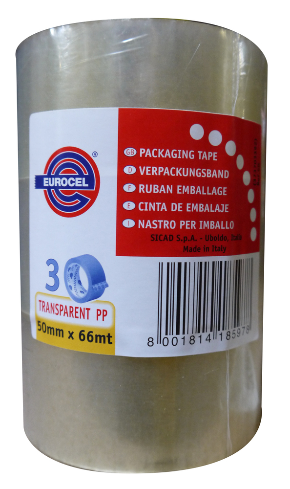 Ruban Polypropylène Emballage Transparent 50mmx66ml, Lot de 3 Rouleaux