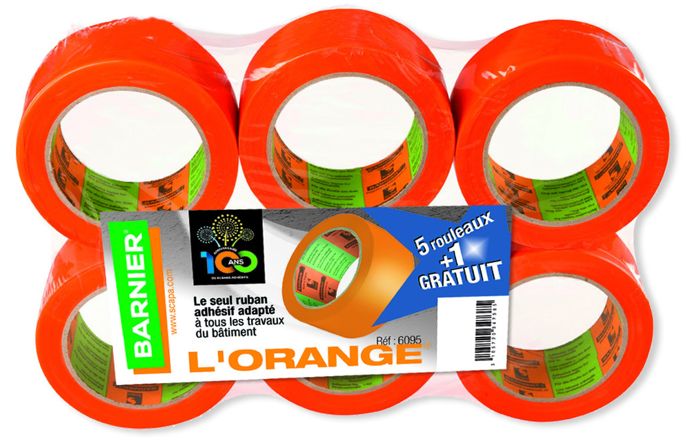 Adhésif Multi-usages Orange 75mmx33m LOT de 5+1 rouleaux, BOX de 65 lots
