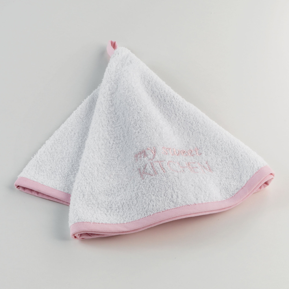 Essuie-main éponge brodée rond Lucie Ø60cm rose