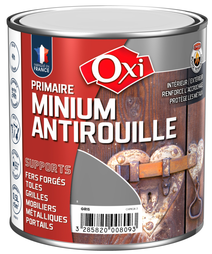 Pot de minium primaire antirouille gris 1.5L pour protection des métaux extérieurs