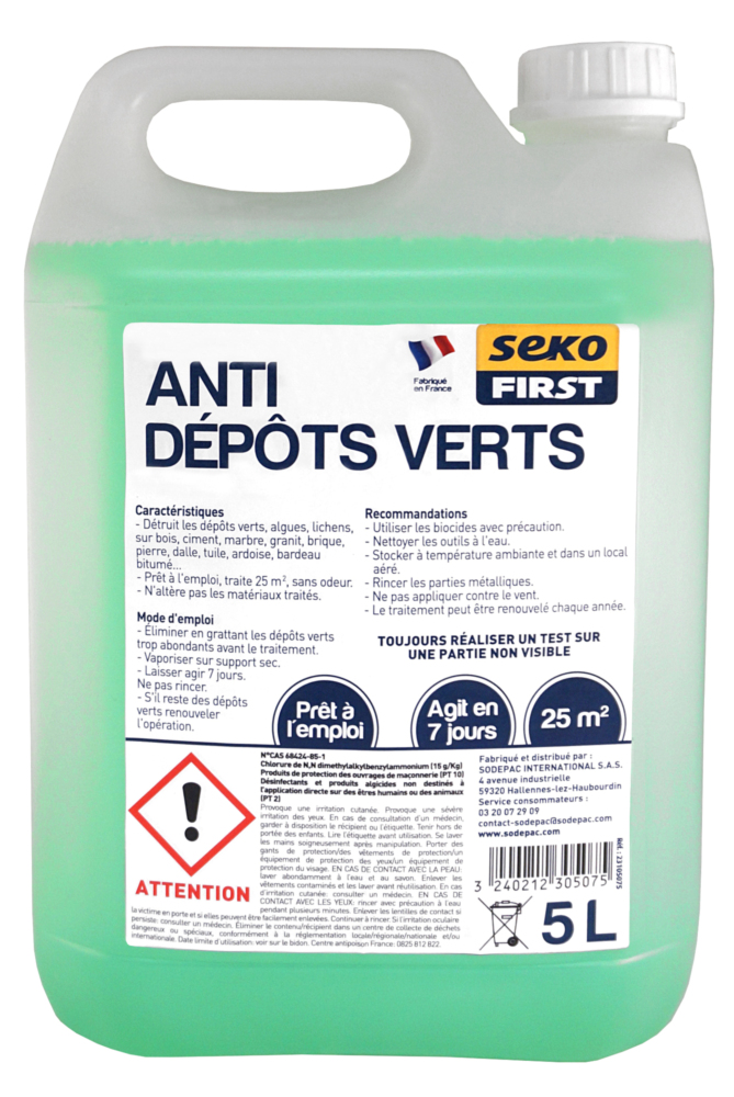 Anti Dépôts Verts Sekofirst 5L en carton de 72 bidons pour le nettoyage des façades et toitures