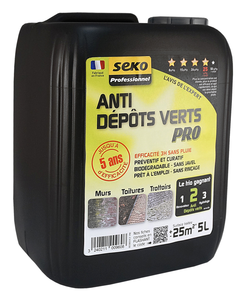 Bidon d'Anti Dépôts Verts Pro Seko 5L, nettoyant professionnel pour façades et toitures.
