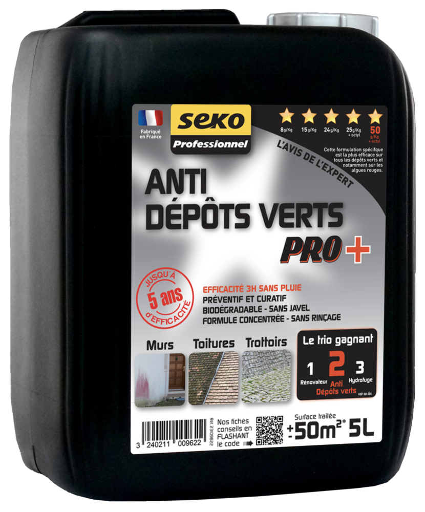 Anti Dépôts Verts Pro+ Concentré Seko 5L en bidon, nettoyant professionnel pour façades, toitures et terrasses