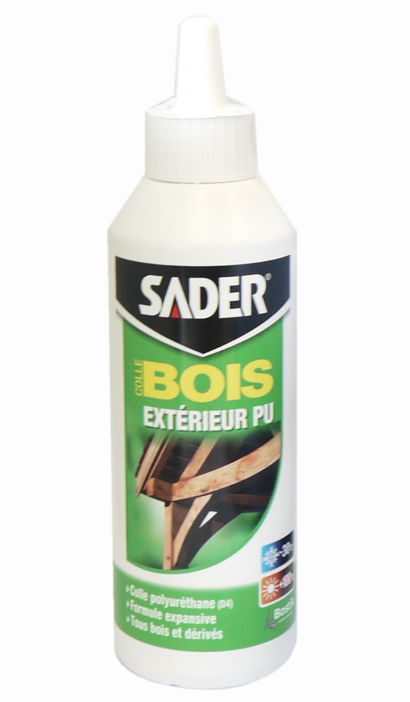 Colle Bois Extérieur PU en biberon de 250 g pour assemblage bois résistant à l'eau.