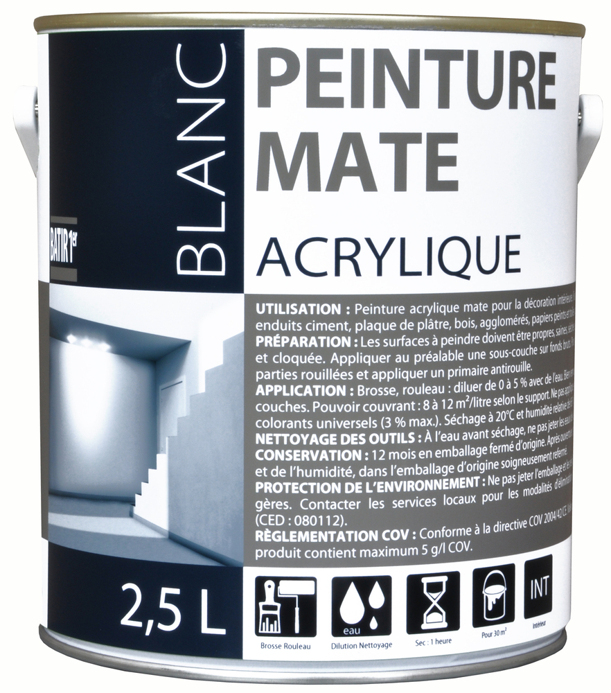 Batir 1er Peinture Acrylique Mate Blanc 2.5L