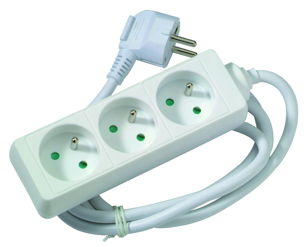 Multiprise blanche 3 prises avec interrupteur et câble de 1,50 m