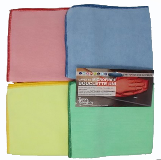 Lot d'épongettes microfibres 40x40 cm couleurs unies assorties, présentées sur carte, pour un nettoyage multi-usages.