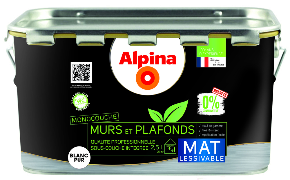 Alpina 0% Conservateur Mur & Plafond Monocouche Mat 2.5L Blanc