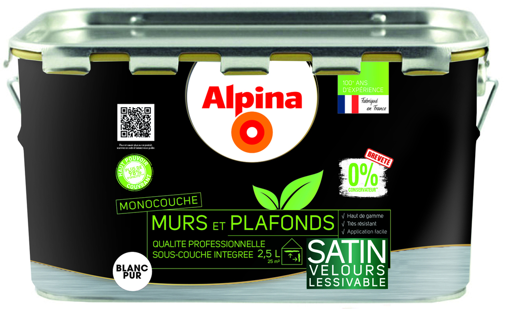 Alpina 0% Conservateur Mur Plafond Monocouche Velours 2.5L Blanc