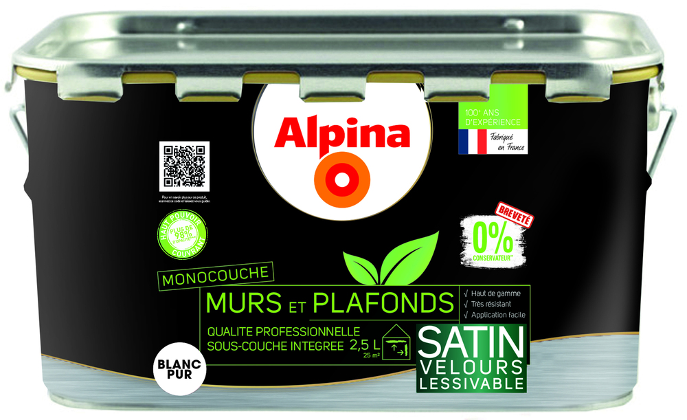 Alpina 0% Conservateur Mur Plafond Monocouche Velours 2.5L Blanc