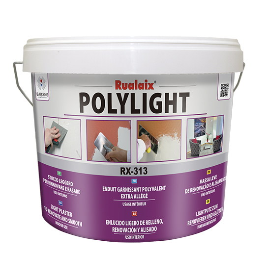 Enduit de rebouchage Rualaix RX-313 Polylight pour murs intérieurs, séchage rapide et application facile