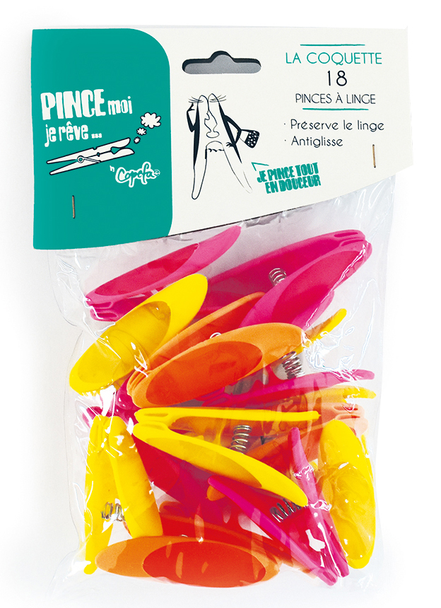 Pinces à linge bi-matière spécial confort lot de 18, pour un séchage sans traces.
