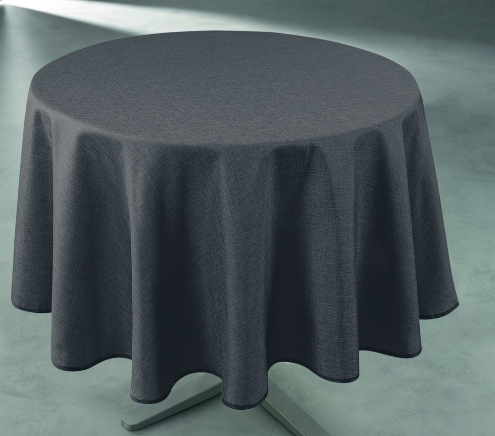 Nappe ronde en polyester anthracite de 160 cm de diamètre, avec tissage résistant, présentée sur cintre.