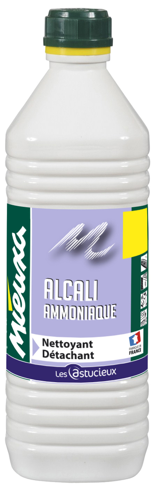 Bouteille d'Ammoniaque Alcali 13% 1L, produit nettoyant multi-usages pour le bricolage et la maison.