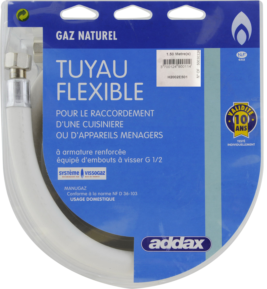 Tuyau flexible souple MANUGAZ à visser pour gaz naturel, homologué et garanti 10 ans, présenté en blister.