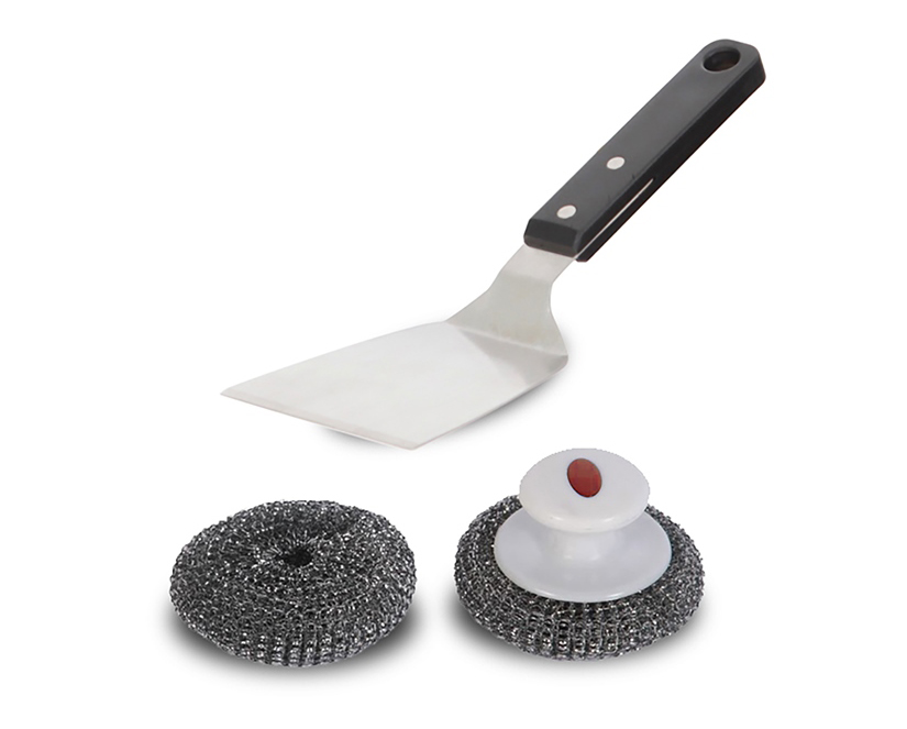 Kit de Nettoyage Spatule Plancha + 2 Boules Inox