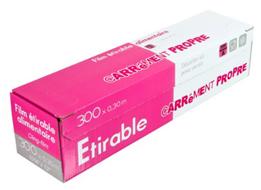 Film étirable professionnel transparent, rouleau de 300 mètres pour emballage alimentaire.