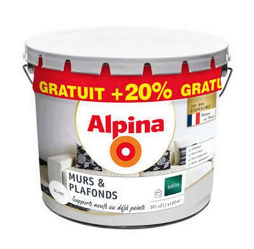 Peinture murs et plafonds acrylique satinée blanche en seau de 10L +20% gratuit