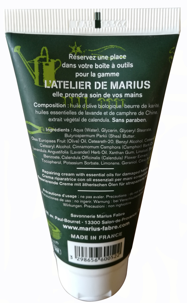 Arrière du tube de crème pour les mains Marius Fabre, composition, ingrédients