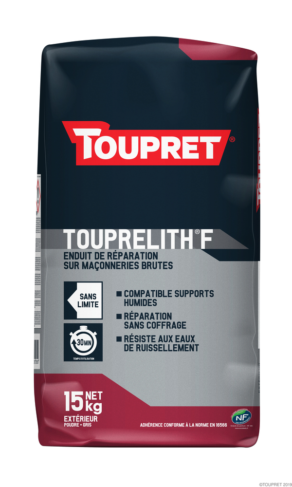 Enduit de rebouchage et réparation maçonnerie Touprelith F en sac de 15 kg pour murs extérieurs