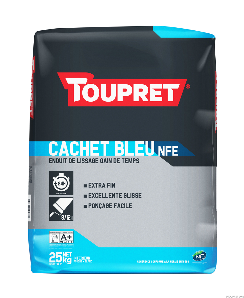Sac de 25 kg d'enduit de lissage et de finition Cachet Bleu Gain de Temps NFE en poudre, idéal pour les murs intérieurs et une application rapide.