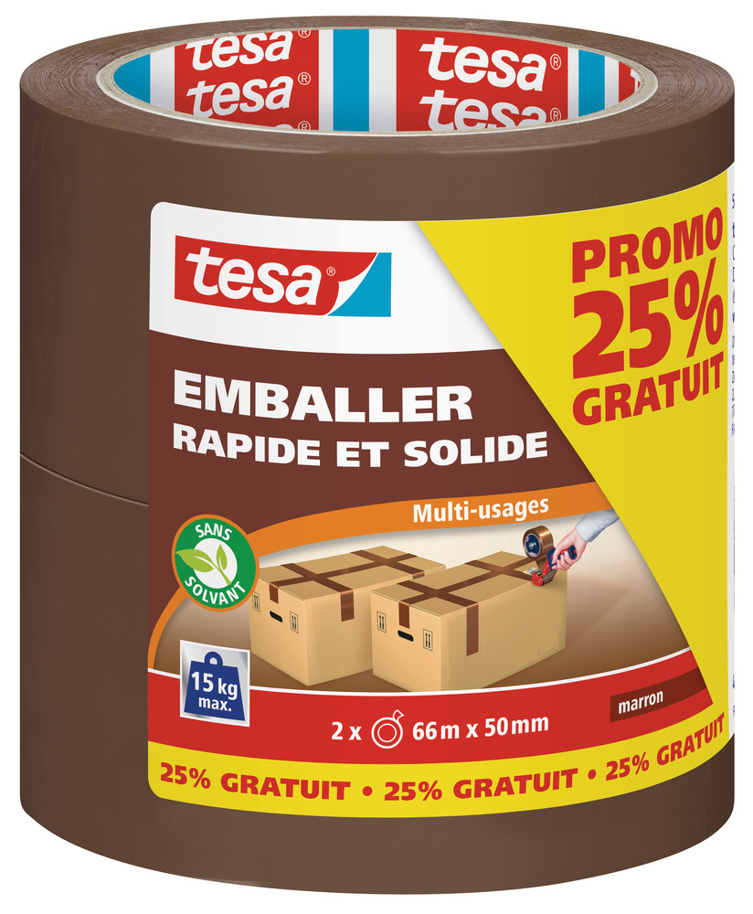 Tesa Lot 2 Rouleaux Emballage Rapide Solide Havane 50 mm x 66 m + 25% GRATUIT
