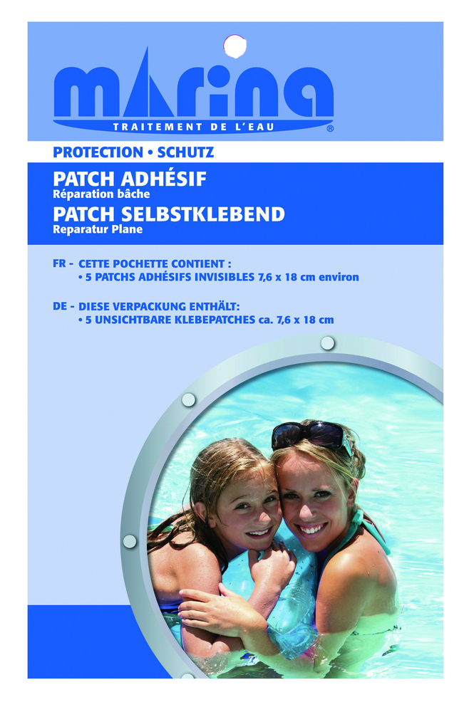 Lot de 5 patchs adhésifs transparents étanches pour réparation de bâches et liners de piscine.