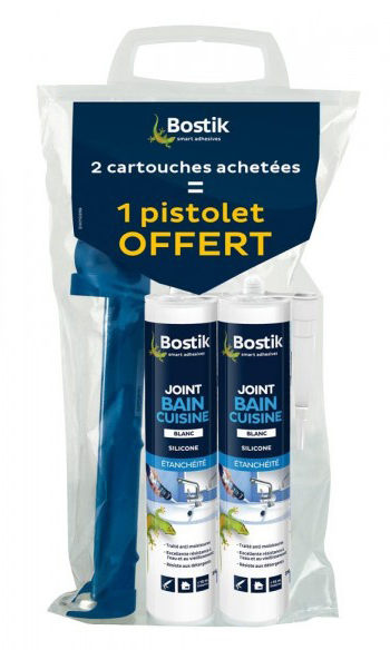 Mastic Bain & Cuisine Blanc 310ml, Lot de 2 Cartouches+Pistolet OFFERT