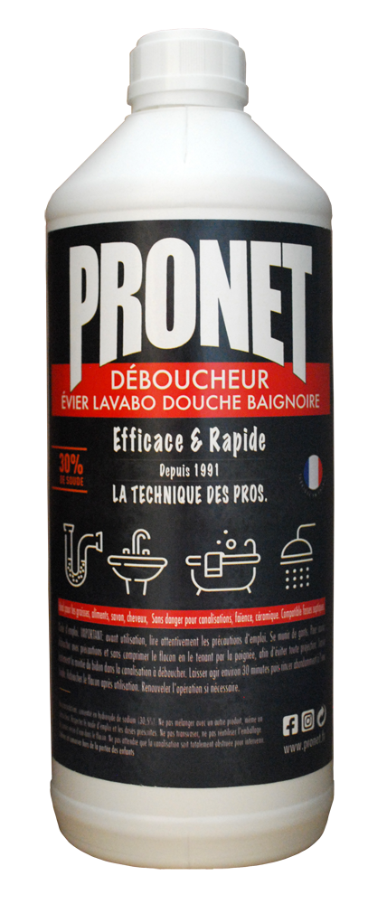 Déboucheur canalisation Soude Pro flacon 1L pour éliminer les bouchons tenaces