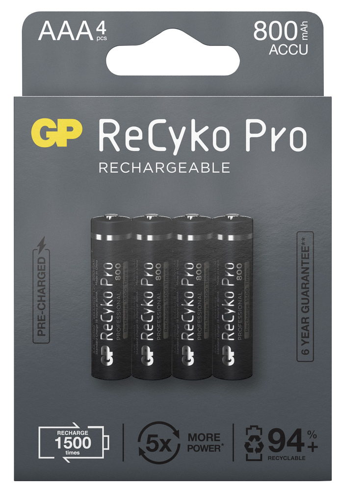 Piles rechargeables AAA GP Recyko Pro haute performance, étui de 4