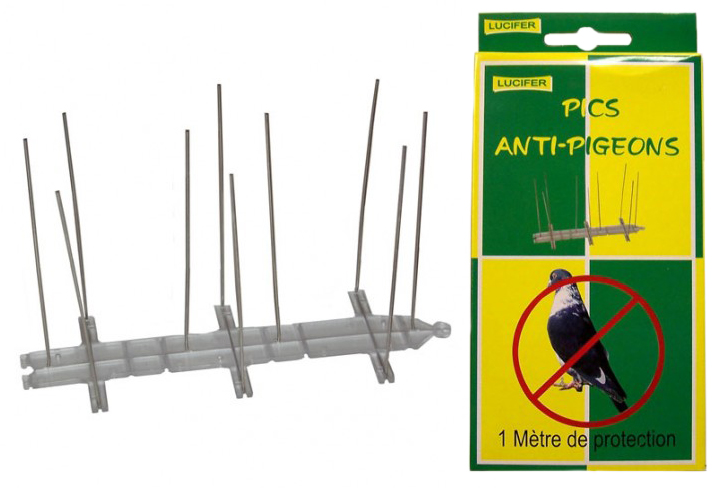 Pics Anti-Pigeons en inox d'1 mètre de long, présentés dans leur boîte accrochable, pour une protection efficace des toits et rebords.