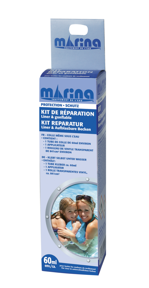Kit de réparation 60ml pour liner de piscine et articles gonflables, avec tube de colle et rustines.
