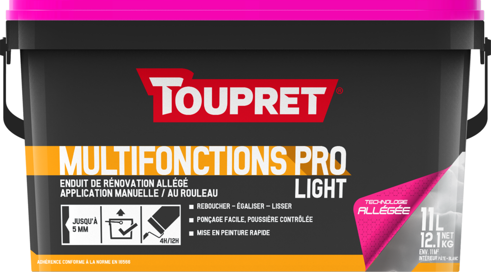 Enduit Multifonctions Pro Light Pâte 11L en seau, idéal pour le rebouchage et le lissage des murs intérieurs.