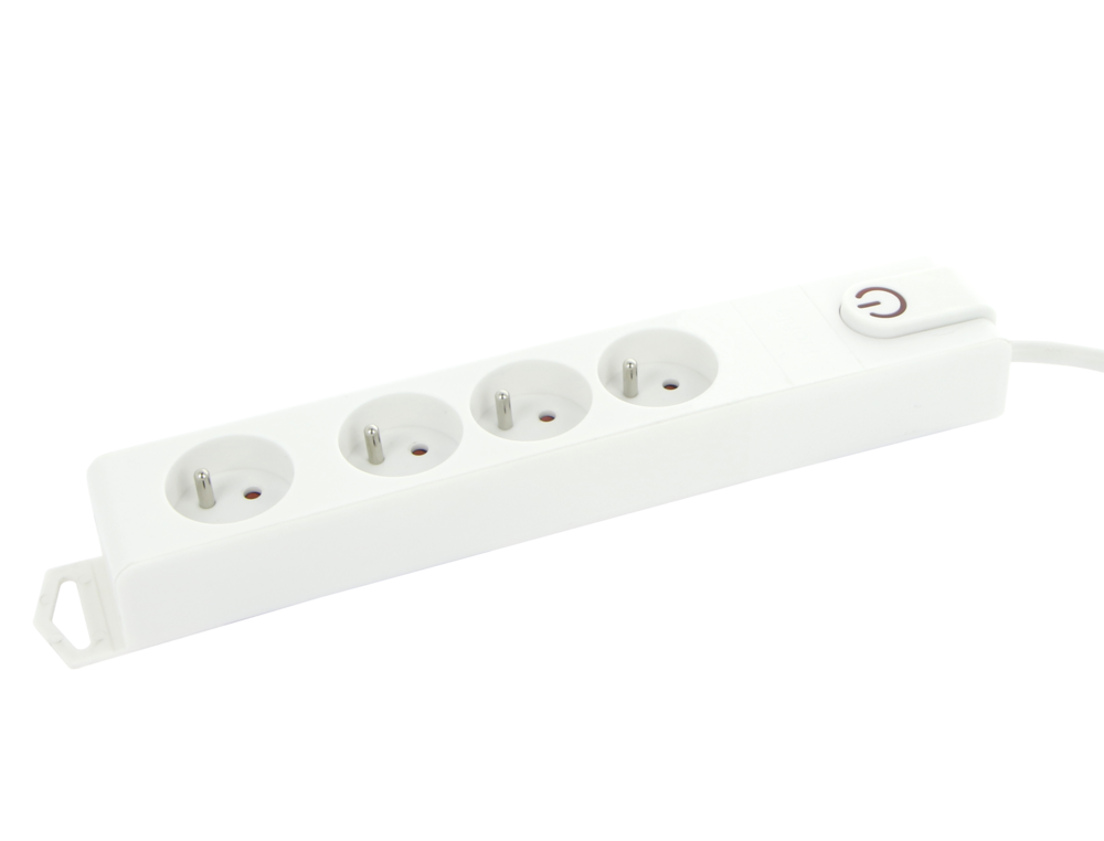 Multiprise 4 prises blanche avec interrupteur, câble de 1,50 m pour appareils électriques