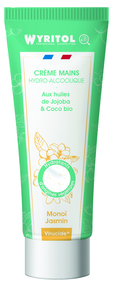 Tube de crème hydro-alcoolique Jasmin Monoï 75 ml, désinfectante pour les mains