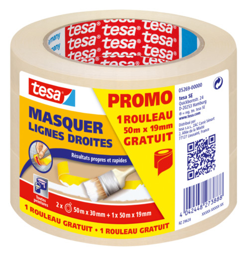 Masquer - Protection droites crème, lot de 2 rouleaux 50mx30mm + 1 rouleau 50mx19mm gratuit