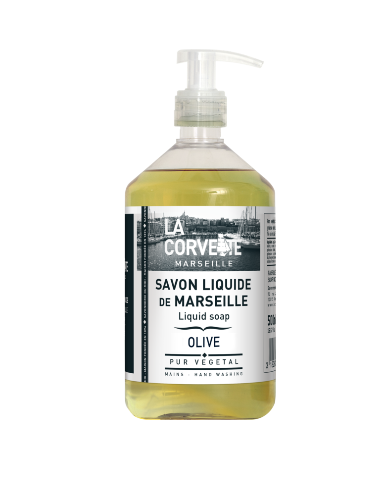 Savon de Marseille liquide parfumé à l'olive en flacon pompe, idéal pour les mains.