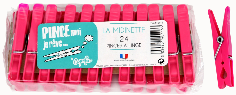 Pinces à linges La Midinette, lot de 24 en plastique résistant et couleurs assorties pour étendre le linge.