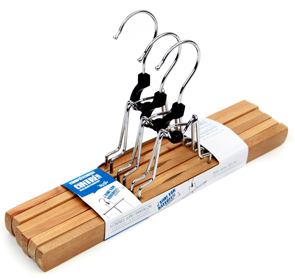 Lot de 3 cintres à pinces en bois vernis naturel de 30 cm pour jupes et pantalons