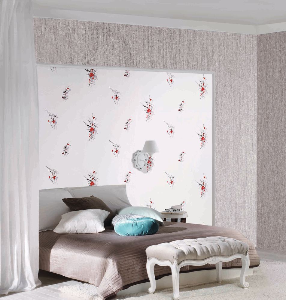 8302 - Vinyle Expansé sur Intissé Branchage et Fleurs Rouges