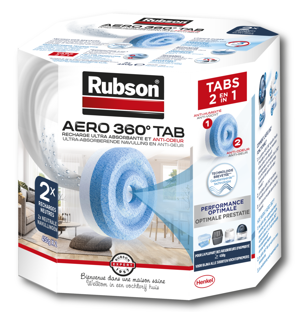 Recharges AERO 360° Pack de 2 x 450 g, pastilles anti-humidité pour absorbeur d'humidité