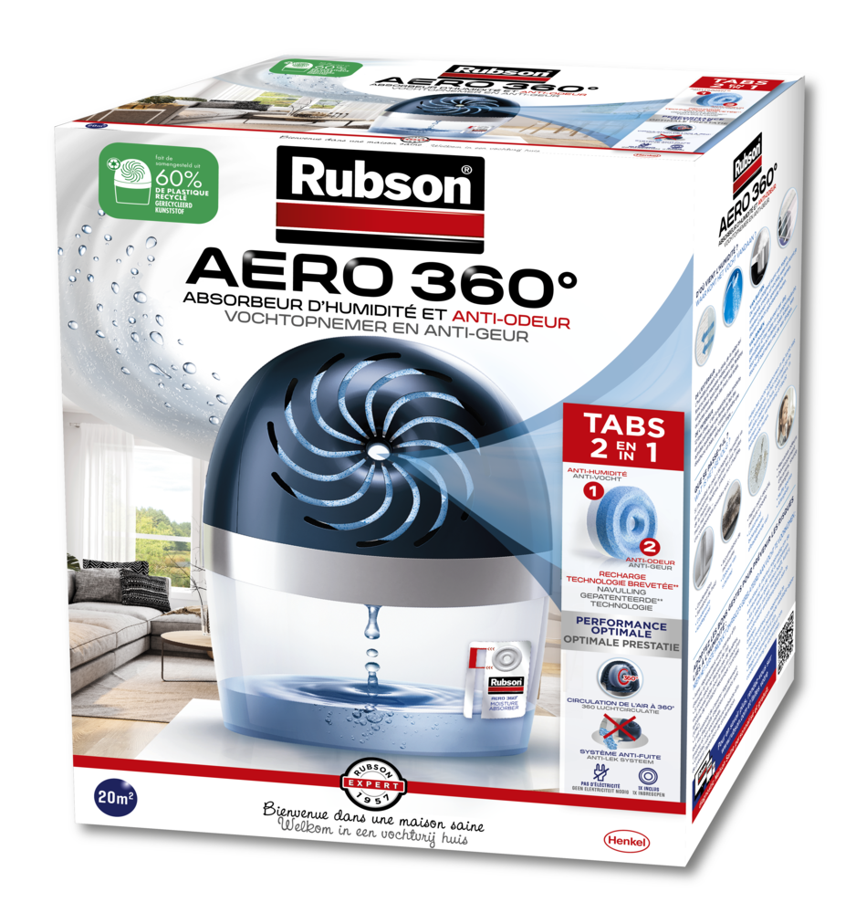 Absorbeur d'humidité AERO 360° 450g pour 20m² avec recharge en tablette