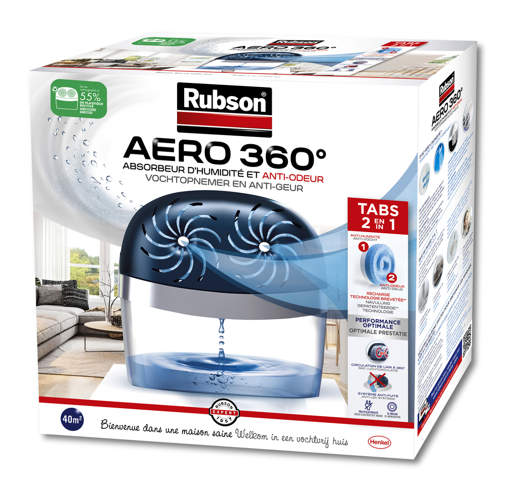 Absorbeur d'humidité AERO 360° avec pastille de 900g pour 40m², idéal pour assainir l'air ambiant.