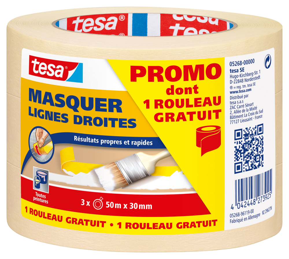 Masquer - Lignes Droites 30 mm x 50 m lot de 2 Rouleaux + 1 GRATUIT