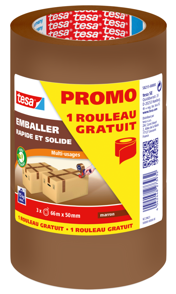 Adhésif d'emballage 50mmx66m Marron  Lot de 2 Rouleaux + 1 GRATUIT