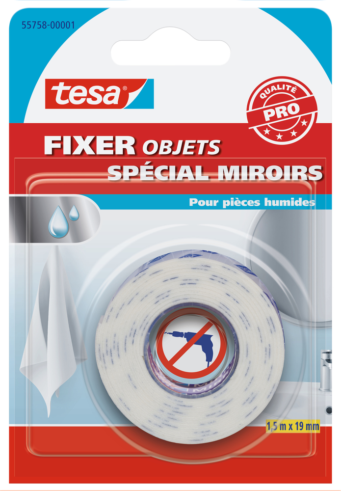 Ruban adhésif double face extra fort pour fixation de miroirs et objets sur sol et mur, 19 mm x 1.5 m
