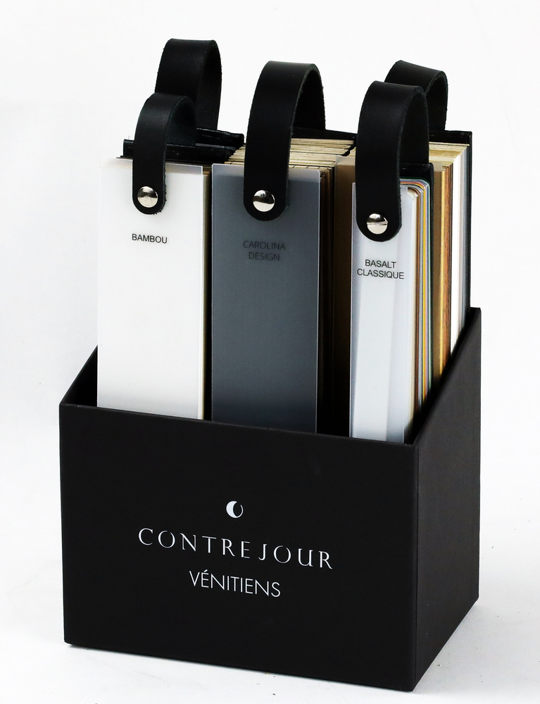Collection Mini Vénitien Box d'exposition pour showroom avec échantillons de lamelles et couleurs