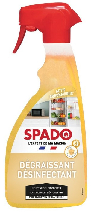 Dégraissant désinfectant cuisine 500 ml en flacon pulvérisateur, pour éliminer graisses et bactéries.